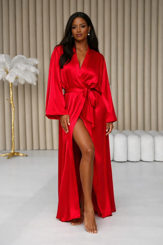 Zaine luxury red floor-length satin robe for women with an elegant wrap design, long sleeves and silky finish for everyday luxury and special occasions.