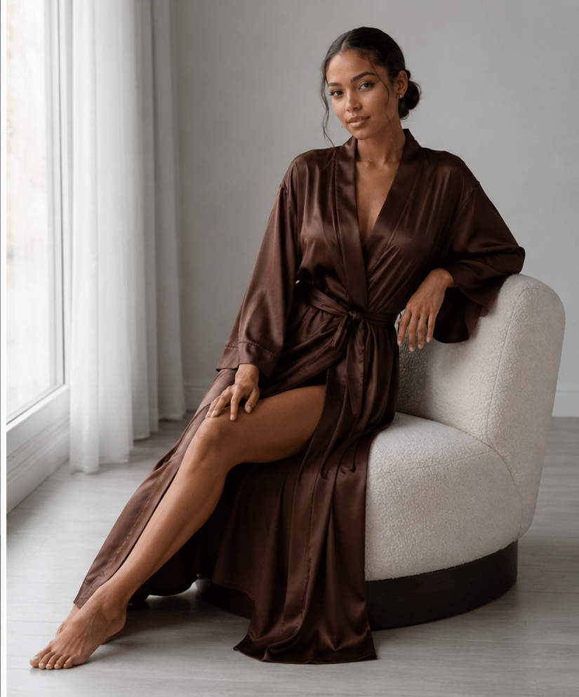 Woman in a brown satin robe sitting on a white chair by a window. Zaine Espresso Elegance luxury floor-length satin robe for women featuring beautiful elasticated sleeves, a flattering wrap silhouette and silky premium satin fabric.